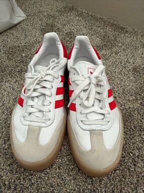 adidas White Sneakers with Red Stripes and Gum Sole